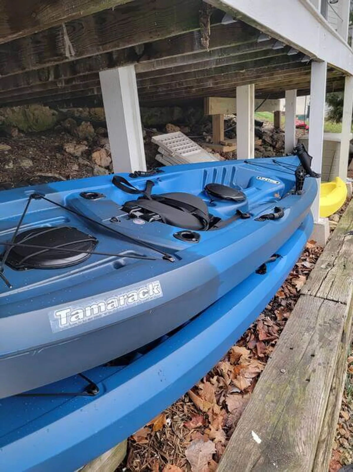 A blue kayak rests on a wooden deck surrounded by natural foliage, with the water's surface nearby. The scene is intimate yet adventurous, highlighting the opportunity for water activities right at the property's edge.