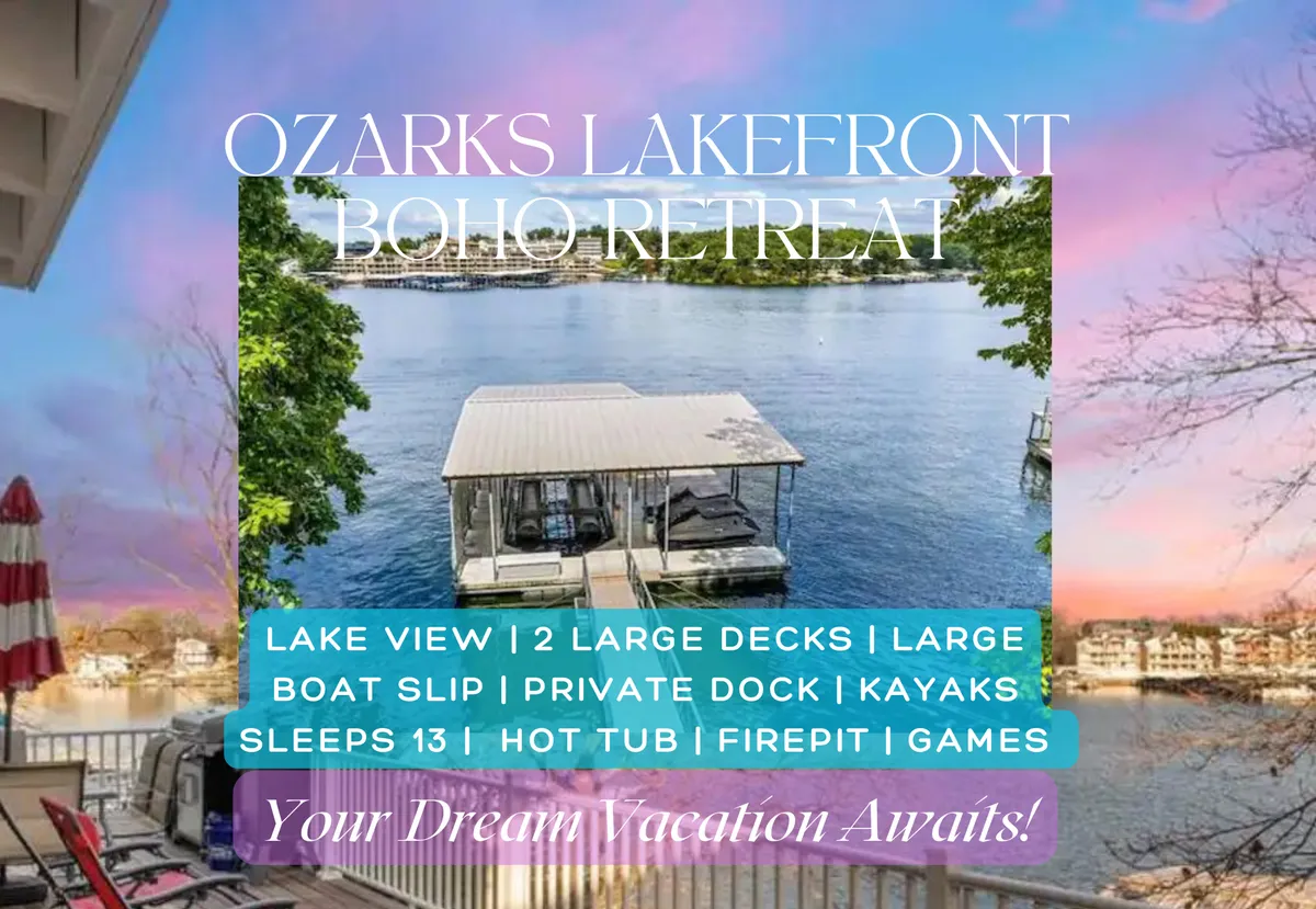 A broad view of the home's large decks overlooking the lake, with a private dock, hot tub, and fire pit visible. The scene is set at sunset, casting a golden light over the outdoor furnishings and the tranquil water, suggesting a perfect setting for group gatherings, relaxation, or enjoying the natural beauty.